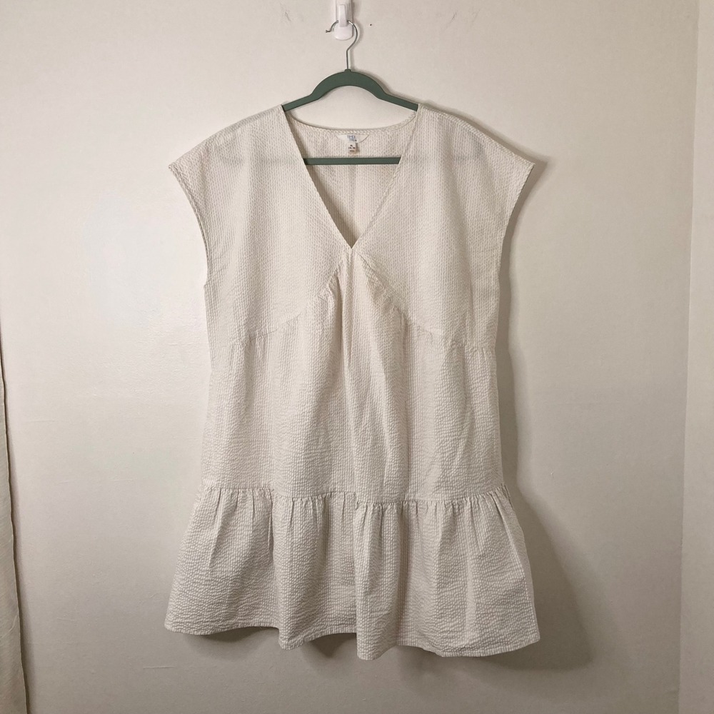 Coastal White Seersucker Tiered V-Neck Mini Dress Cottage Babydoll Pockets XL